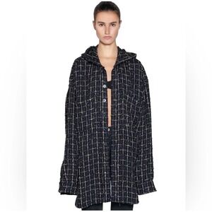 Faith Connexion Oversized Tweed Hooded Shirt Jacket Navy Black Gold Sequin M